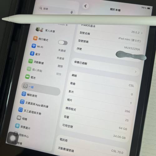 ipad mini 5 (LTE + Wifi) 電池健康度92%連  Xpower 筆