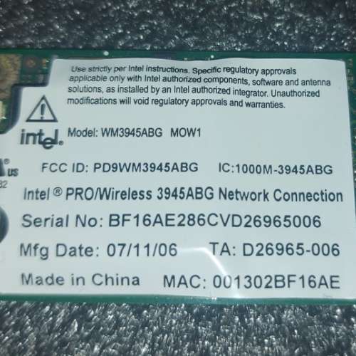 Intel Pro/Wireless 3945ABG wifi card