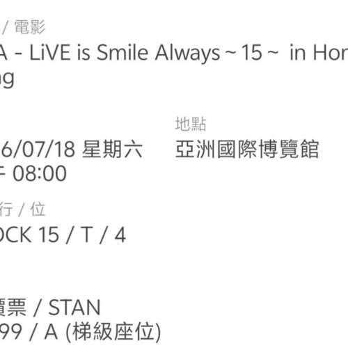 1099 A區坐位 1張LISA LiVE is Smile Always～15～ in Hong Kong香港演唱會門票