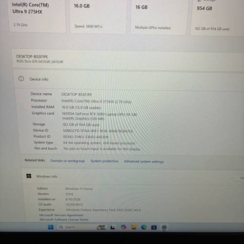 ROG G16 strix RTX5080/U9-275HX/16GB/1TB/Gaming Laptop/電競手提電腦
