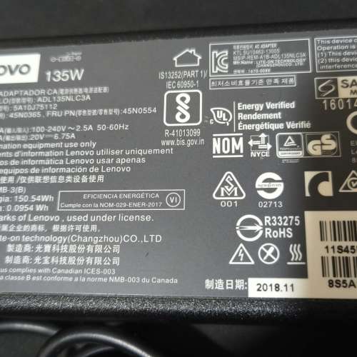 原裝 LENOVO  135W 變壓器 ADL135NDC3A  20V 6.75A