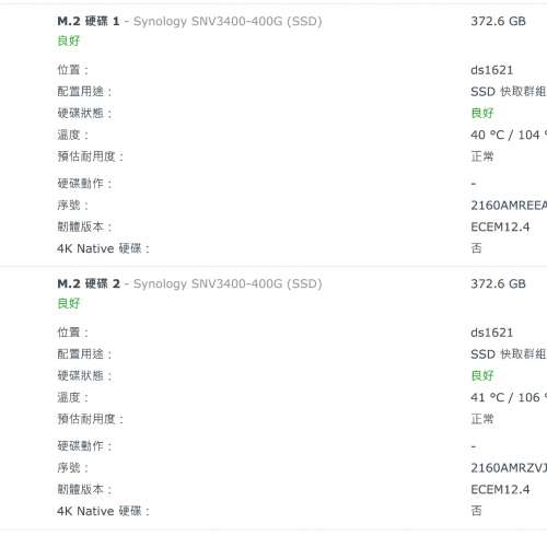 Synology DS1621+連原廠2條400GB M2 SSD
