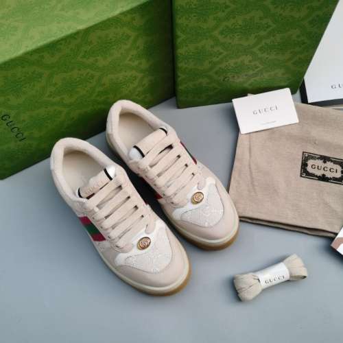 Gucci Beige Distressed Leather Sneakers Interlocking G Web Stripe Low Top Casual