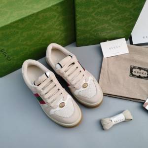 Gucci Beige Distressed Leather Sneakers Interlocking G Web Stripe Low Top Casual