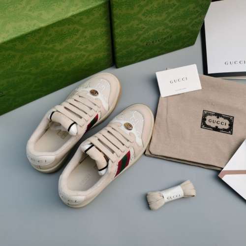Gucci Beige Distressed Leather Sneakers Interlocking G Web Stripe Low Top Casual