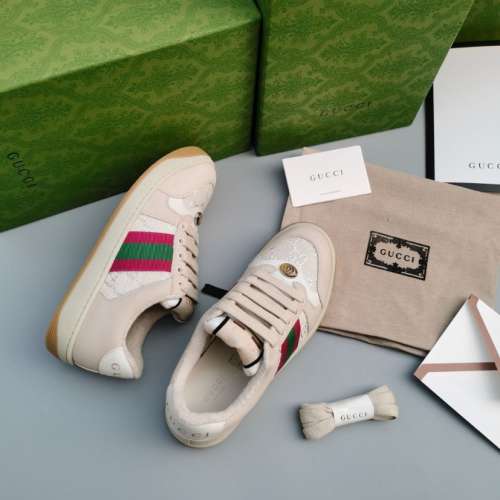 Gucci Beige Distressed Leather Sneakers Interlocking G Web Stripe Low Top Casual