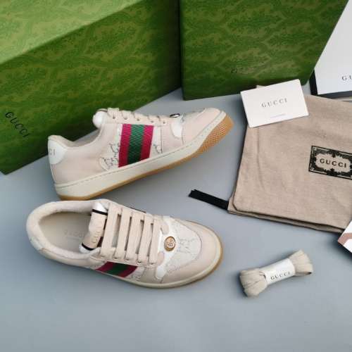 Gucci Beige Distressed Leather Sneakers Interlocking G Web Stripe Low Top Casual