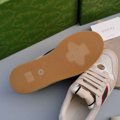 Gucci Beige Distressed Leather Sneakers Interlocking G Web Stripe Low Top Casual