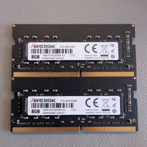 Airdisk DDR4 SODIMM 3200 8x2 16GB一對