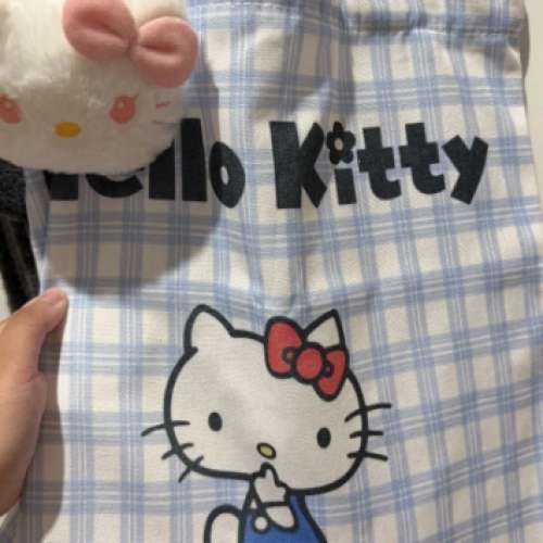 【夏日小清新】Hello Kitty 藍白格子帆布包 刺繡KT貓 減齡百搭 學生黨通勤必備