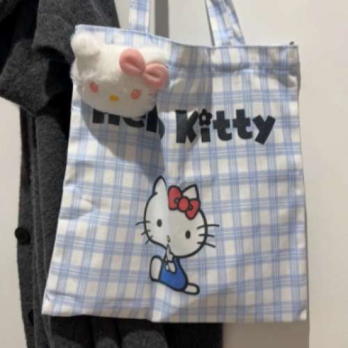 【夏日小清新】Hello Kitty 藍白格子帆布包 刺繡KT貓 減齡百搭 學生黨通勤必備