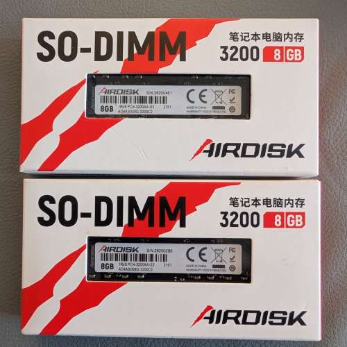Airdisk DDR4 SODIMM 3200 8x2 16GB一對