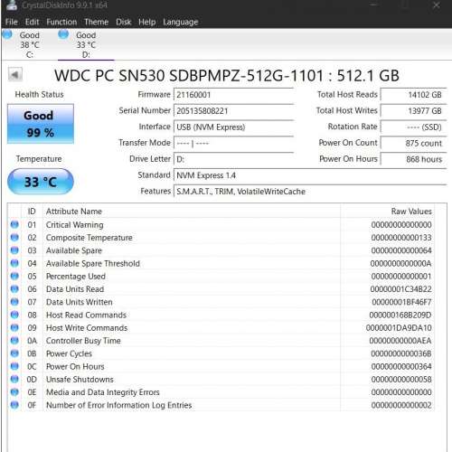 出售 WD SN530 512GB M.2 NVMe SSD SDBPMPZ-512G-1101, Grade A SKU 23802