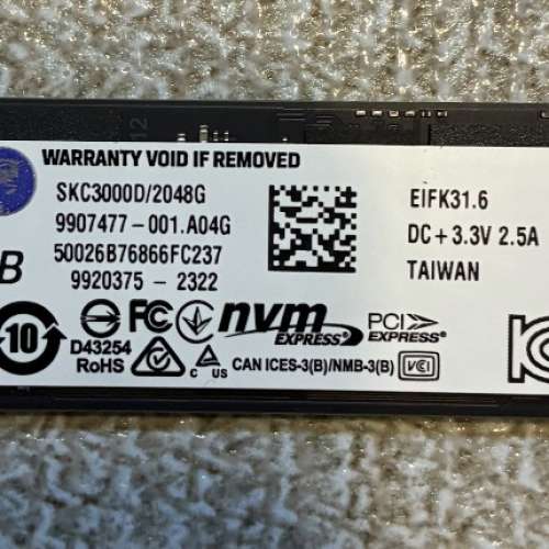 Kingston KC3000 2TB NVMe PCIe 4.0 M.2 SSD 二手 私人自讓