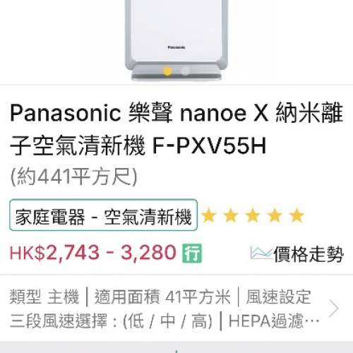 比較產品 Panasonic 樂聲 nanoe X 納米離子空氣清新機 F-PXV55H