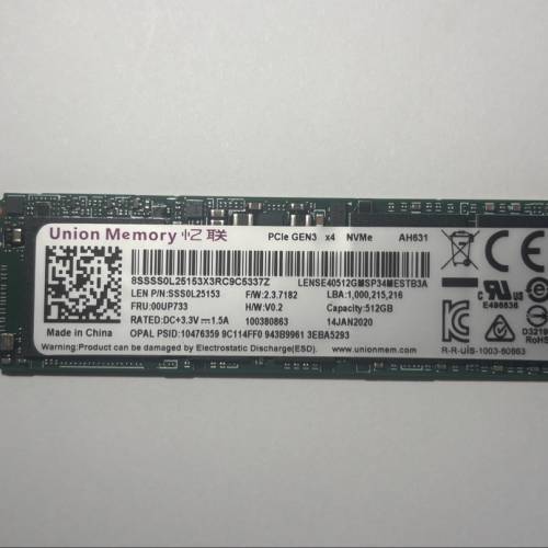 Union Memory AH631 512GB m.2 nvme PCIe 3.0 SSD