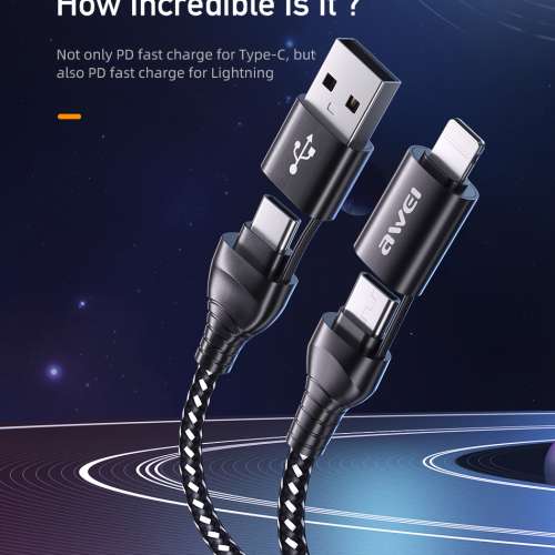 4 in 1 Awei multi Charging Cable -Braided USB to Lightning / Type-C Cable Black