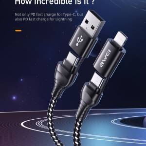 4 in 1 Awei multi Charging Cable -Braided USB to Lightning / Type-C Cable Black