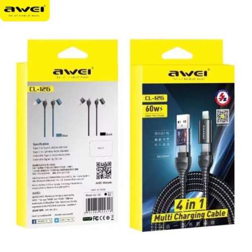 4 in 1 Awei multi Charging Cable -Braided USB to Lightning / Type-C Cable Black