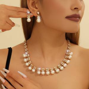 Elegant Pearl Necklace Earrings Set Gold Crystal Bridal Jewelry Wedding Gift