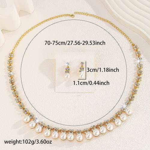 Elegant Pearl Necklace Earrings Set Gold Crystal Bridal Jewelry Wedding Gift