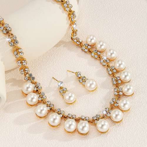 Elegant Pearl Necklace Earrings Set Gold Crystal Bridal Jewelry Wedding Gift