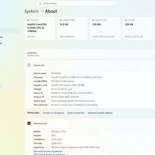 Dell OptiPlex 7070 Desktop 電腦/Intel Core i5-9500/16G /256G