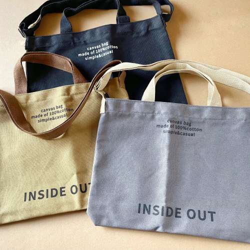 全新簡約文青 帆布手提拉鏈袋 斜孭袋 Shopping Bags 黑啡灰三色