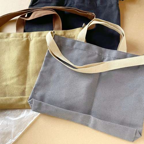 全新簡約文青 帆布手提拉鏈袋 斜孭袋 Shopping Bags 黑啡灰三色