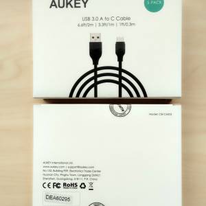 (全新 大牌子 行貨)( 神速3A)(5條獨立充電線)Aukey CB-CMD5  USB 3.0 to USB C 充電線