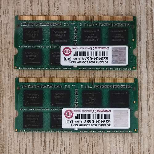 兩條 Transcend 8GB DDR3 1600 筆記簿電腦 RAM
