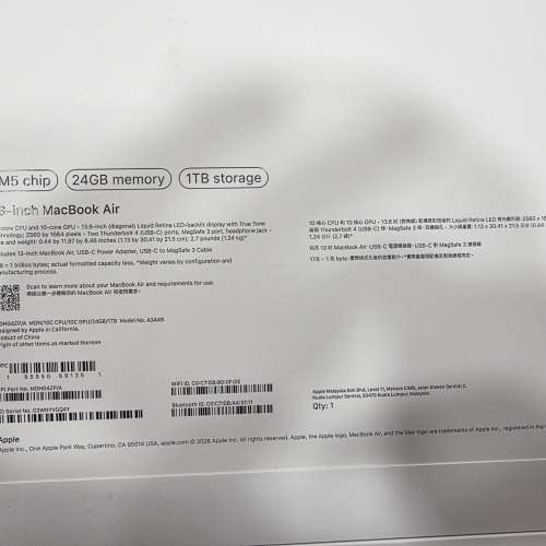 全新 MacBook Air 13寸 M5, 24GB+1TB 午夜色