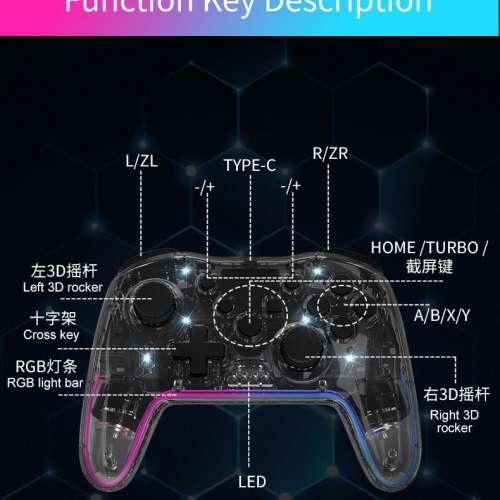幻影透明RGB無線多平台遊戲手柄 支援Switch/PC/PS3/安卓
