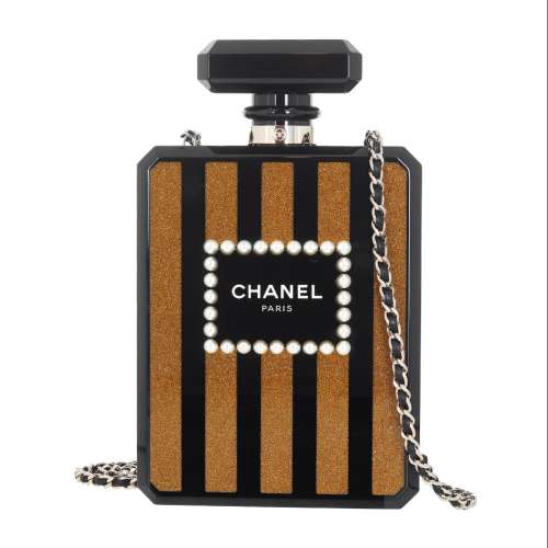 Plexiglass Perfume Bottle Minaudiere Clutch Black Gold