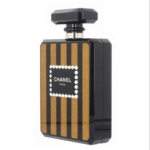 Plexiglass Perfume Bottle Minaudiere Clutch Black Gold