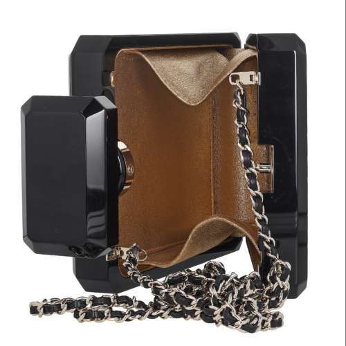 Plexiglass Perfume Bottle Minaudiere Clutch Black Gold