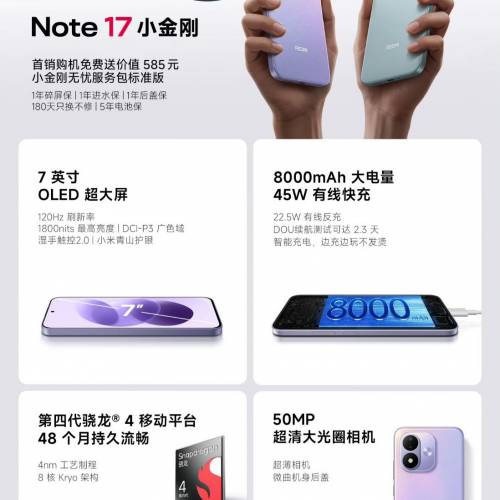 【國恒商城】▀▀ Redmi 紅米Note 17 ▀▀ 7吋大直屏 8000大電 2TB SD咭槽 全新原封...