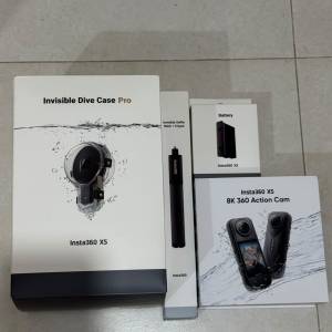 Insta360x5 連高級潛水殼 Dive case pro +自拍棍三腳架 +額外電池
