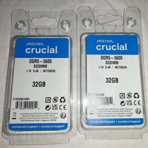 行貨有單終身保養[兩條Total 64GB] Micron crucial 5600MHz 32GB DDR5 SODIMM RAM ...