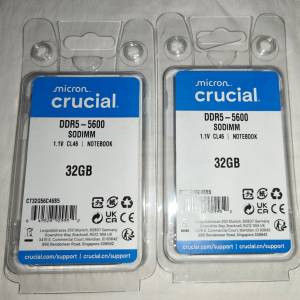 行貨有單終身保養[兩條Total 64GB] Micron crucial 5600MHz 32GB DDR5 SODIMM RAM ...