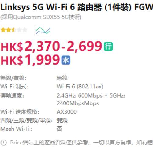 Linksys 5G Wi-Fi 6 路由器 FGW3000-HK