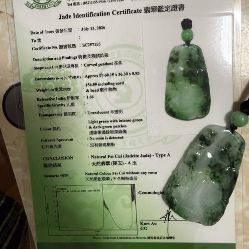 【香港權威證書認證】天然翡翠 A玉 冰糯種飄綠花「福壽如意」大件吊墜／花件（附實...