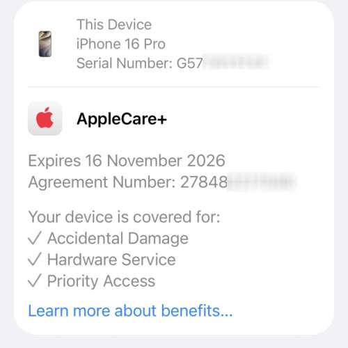 iPhone 16 Pro 256GB 原色鈦金屬 90% New (with AppleCare+ until 16/11/26)