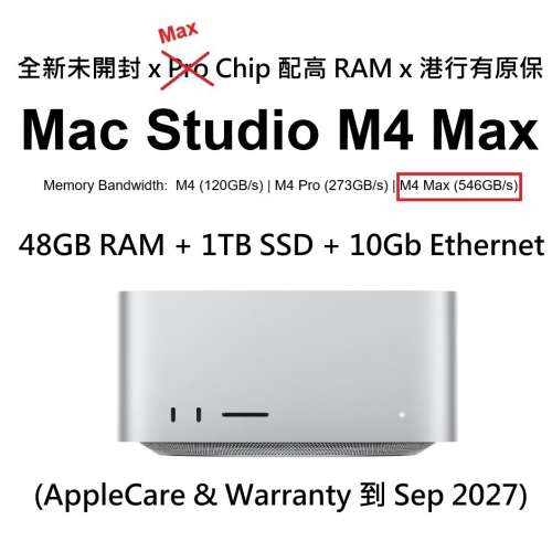 [全新未開封] Apple Mac Studio M4 Max: 16C/40G + 48GB RAM /1TB SSD /10Gb (一年...