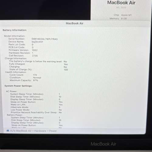 Macbook Air M1 2020 256GB 8GB