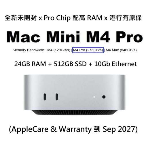 [全新未開封] Apple Mac mini Apple M4 Pro: 24 RAM/512SSD/10Gb Ethernet (一年 A...