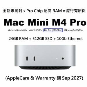 [全新未開封] Apple Mac mini Apple M4 Pro: 24 RAM/512SSD/10Gb Ethernet (一年 A...