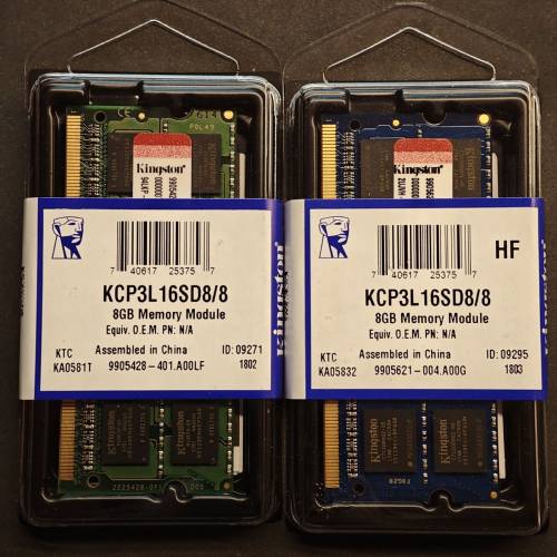 100% 全新Kingston 8GB DDR3L 1600 筆電 RAM x2（KCP3L16SD8/8）