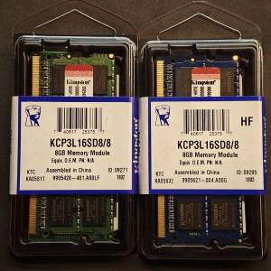100% 全新Kingston 8GB DDR3L 1600 筆電 RAM x2（KCP3L16SD8/8）
