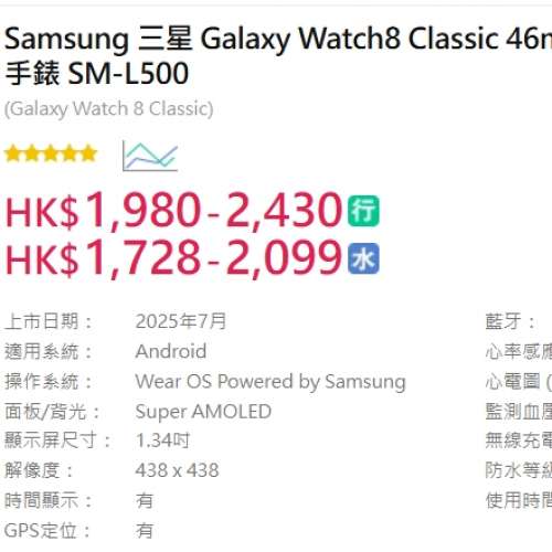 #3096 Samsung Galaxy Watch8 Classic 46mm (藍牙) 智能手錶 SM-L500 黑色 99%新